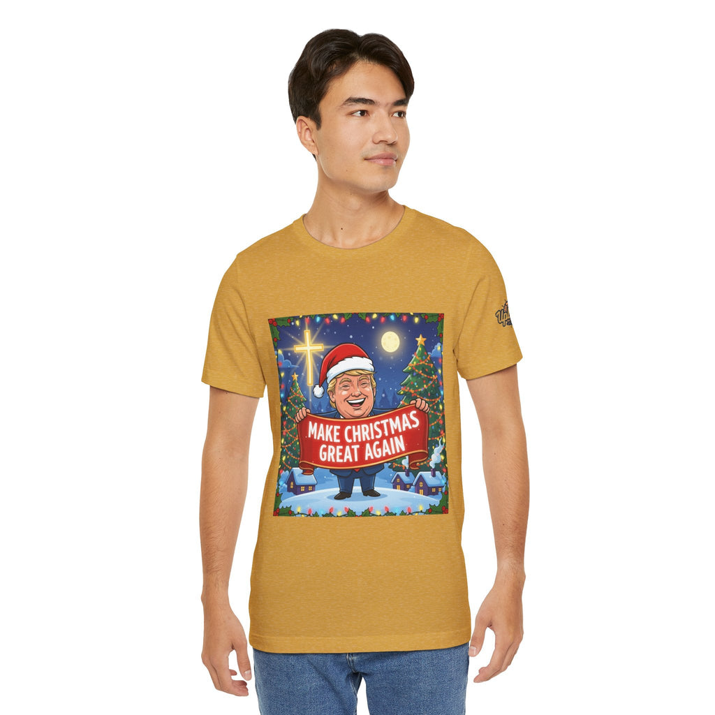 🎄 Make Christmas Great Again – Patriotic Christian Christmas T-Shirt | Bold Holiday Faith Tee | Red & White Banner Design | Uplifted Gear Printify