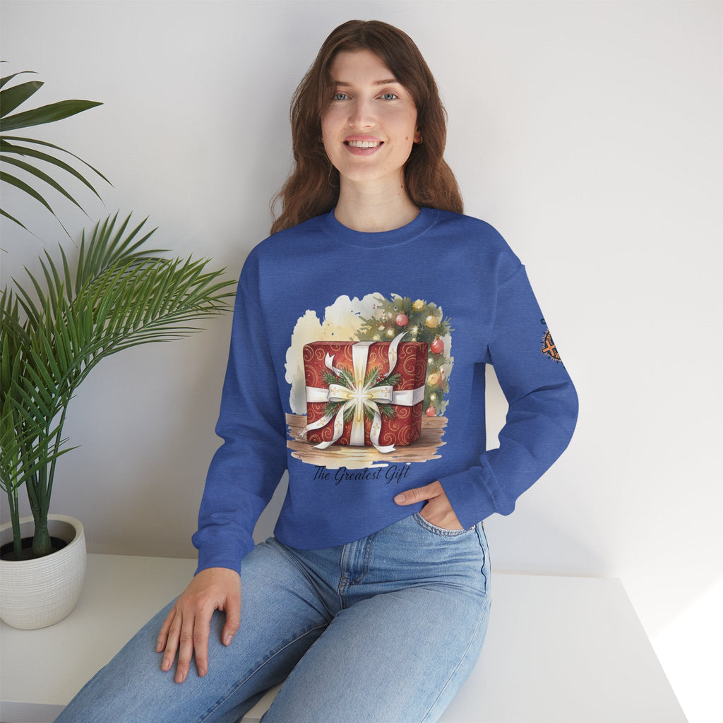The Greatest Gift Sweatshirt – Cross Bow Present Christian Sweatshirt for Christmas Salvation & Eternal Faith Printify