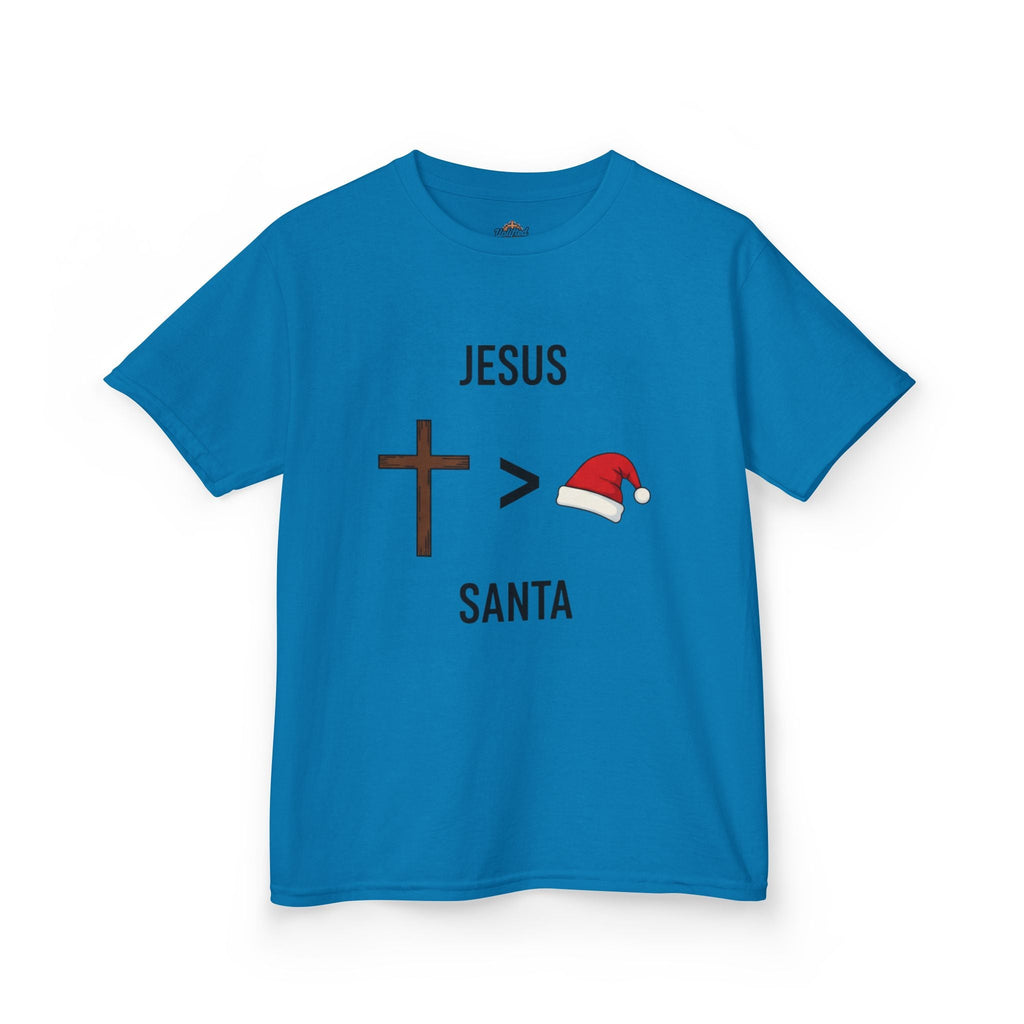🎄 Jesus > Santa – Minimalist Christian Christmas Kids T-Shirt | Bold Faith Over Holiday Tee | Cross vs Santa Hat Design | Uplifted Gear Printify