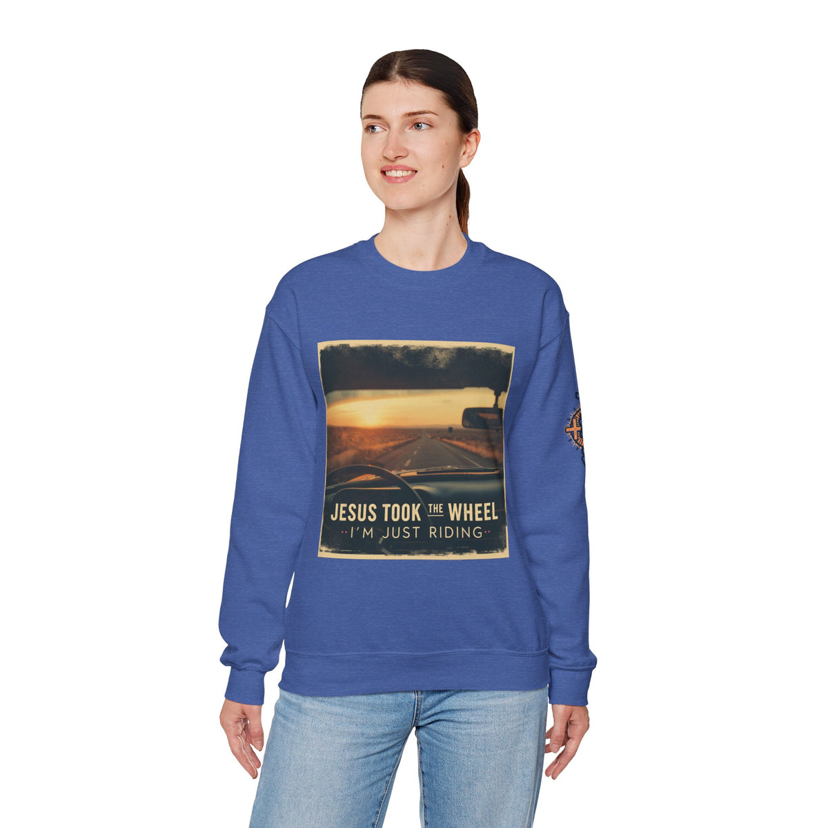 Jesus Took the Wheel I'm Just Riding Sweatshirt – Funny Christian Convertible Car Sweatshirt for Surrendered Faith & Humor