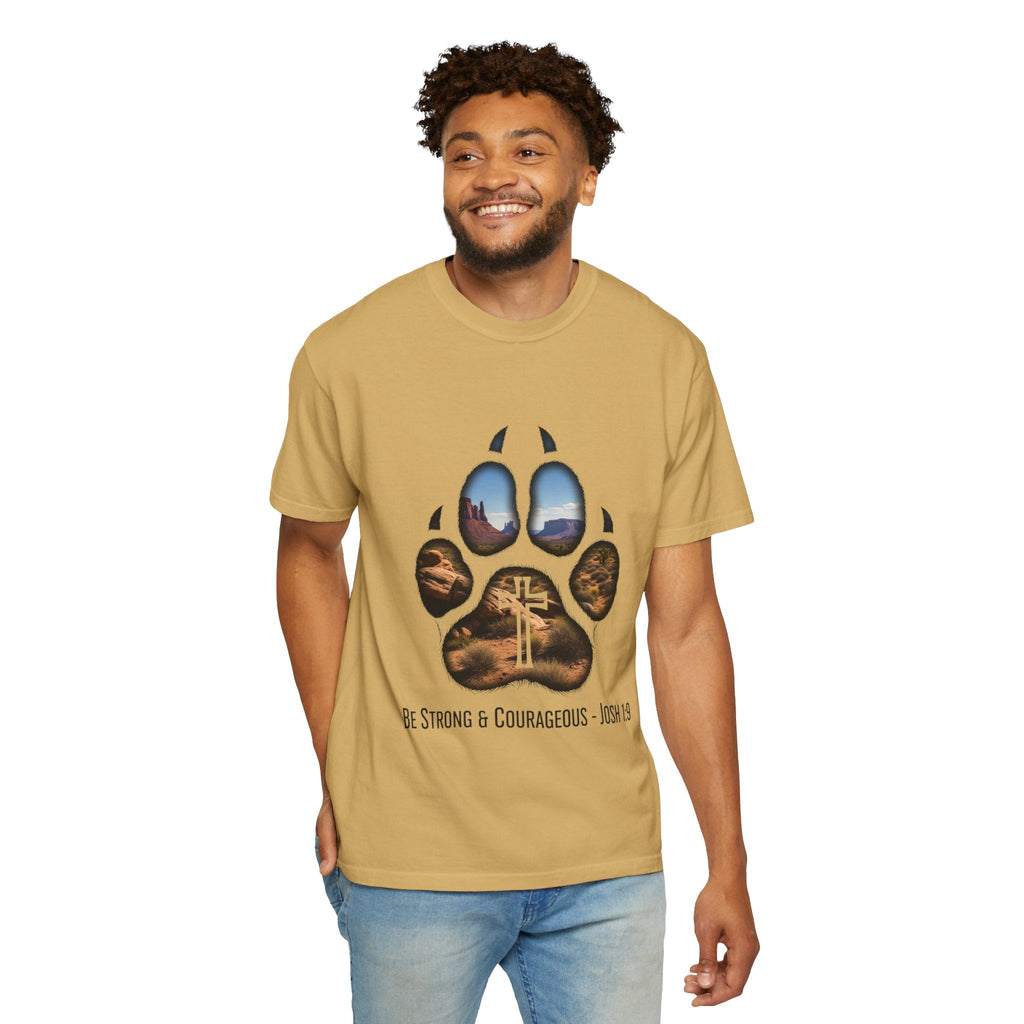 Strong and Courageous T-Shirt – Canine Pawprint Desert Joshua 1:9 Christian Tee Printify