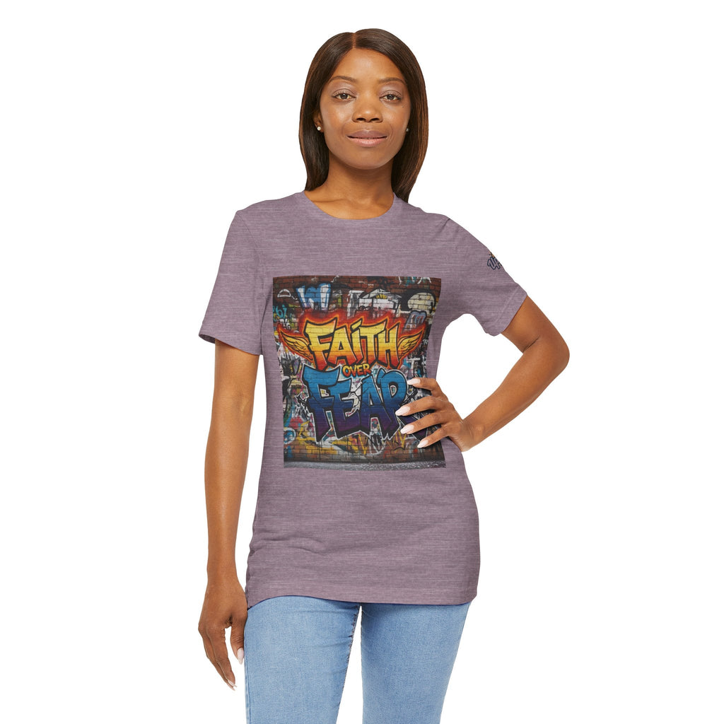 Faith Over Fear T-shirt – Graffiti Wall Christian T-shirt for Bold 2 Corinthians 5:7 Streetwear & Unshakable Faith Printify
