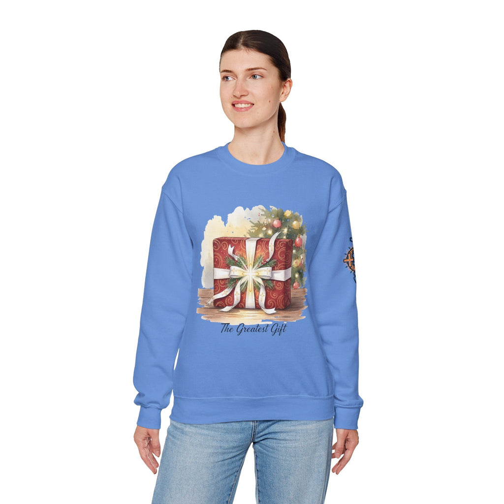 The Greatest Gift Sweatshirt – Cross Bow Present Christian Sweatshirt for Christmas Salvation & Eternal Faith Printify