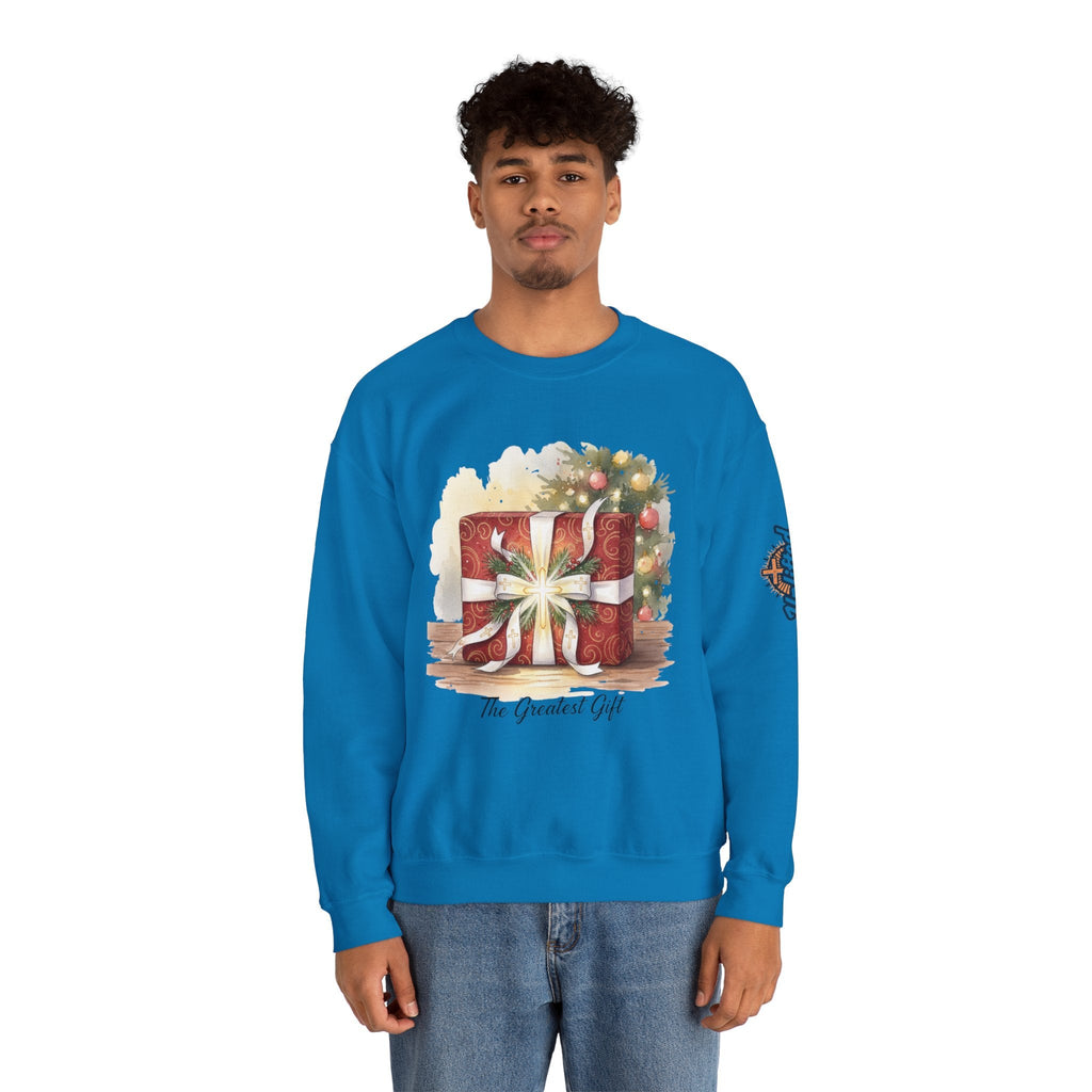 The Greatest Gift Sweatshirt – Cross Bow Present Christian Sweatshirt for Christmas Salvation & Eternal Faith Printify