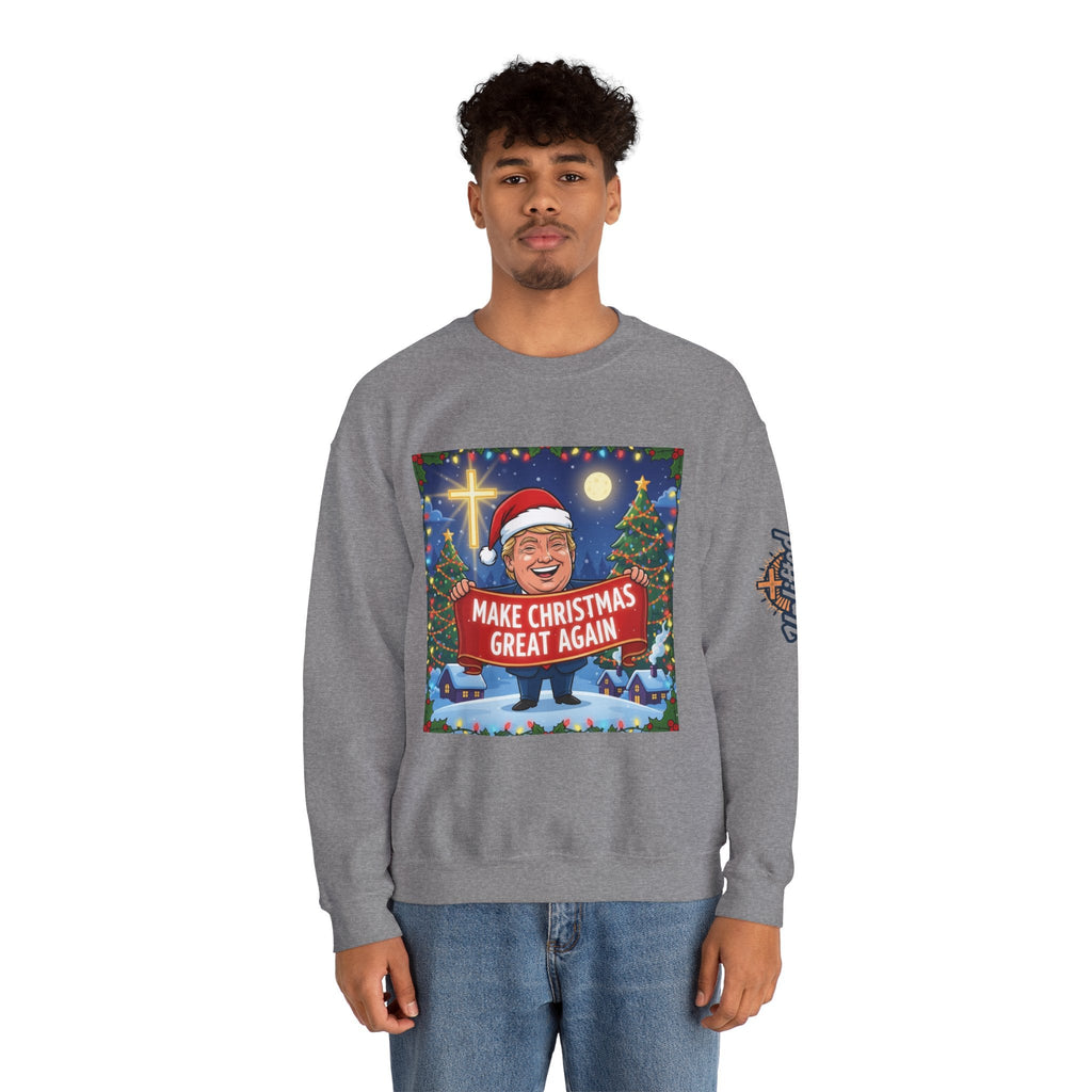 🎄 Make Christmas Great Again – Patriotic Christian Christmas Sweatshirt | Bold Holiday Faith Tee | Red & White Banner Design | Uplifted Gear Printify