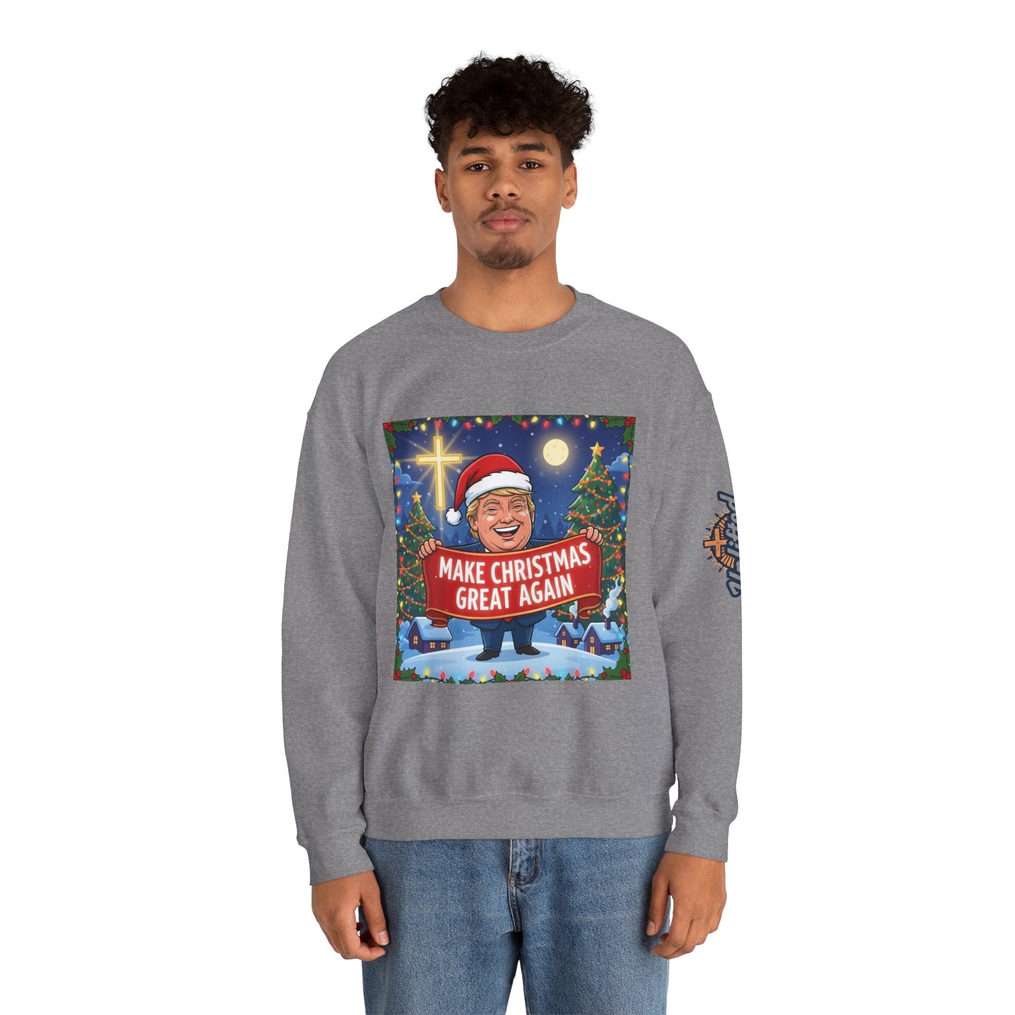 🎄 Make Christmas Great Again – Patriotic Christian Christmas Sweatshirt | Bold Holiday Faith Tee | Red & White Banner Design | Uplifted Gear Printify