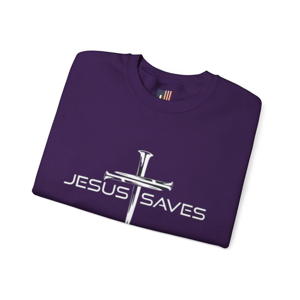 Jesus Saves Sweatshirt – 3 Nails Crucifix Cross Christian Sweatshirt for Redemption Faith & Bold Salvation Printify