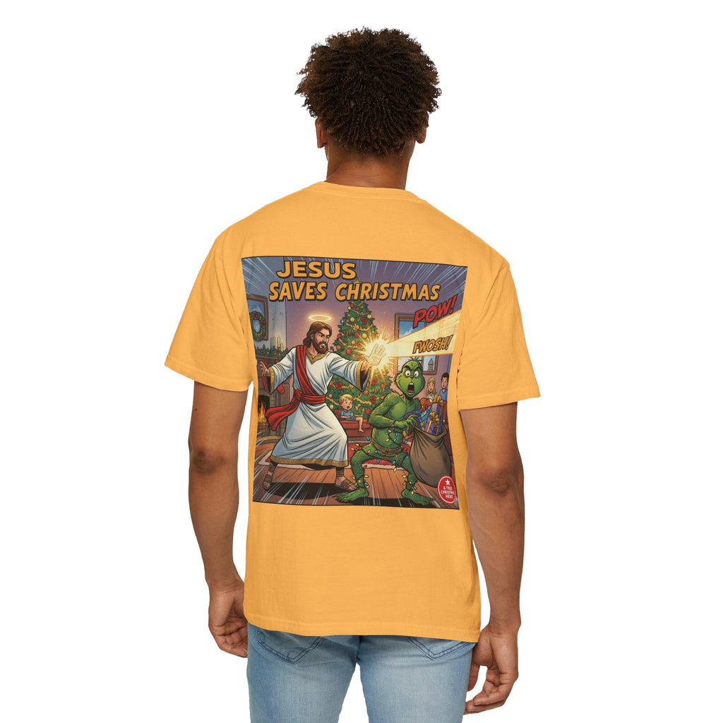 Jesus Saves Christmas T-shirt – Grinch vs Savior Light Battle Christian T-shirt for Hilarious Holiday Faith & True Joy Printify