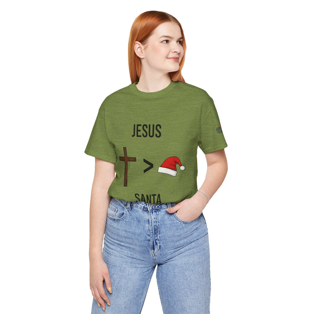 🎄 Jesus > Santa – Minimalist Christian Christmas T-Shirt | Bold Faith Over Holiday Tee | Cross vs Santa Hat Design | Uplifted Gear Printify