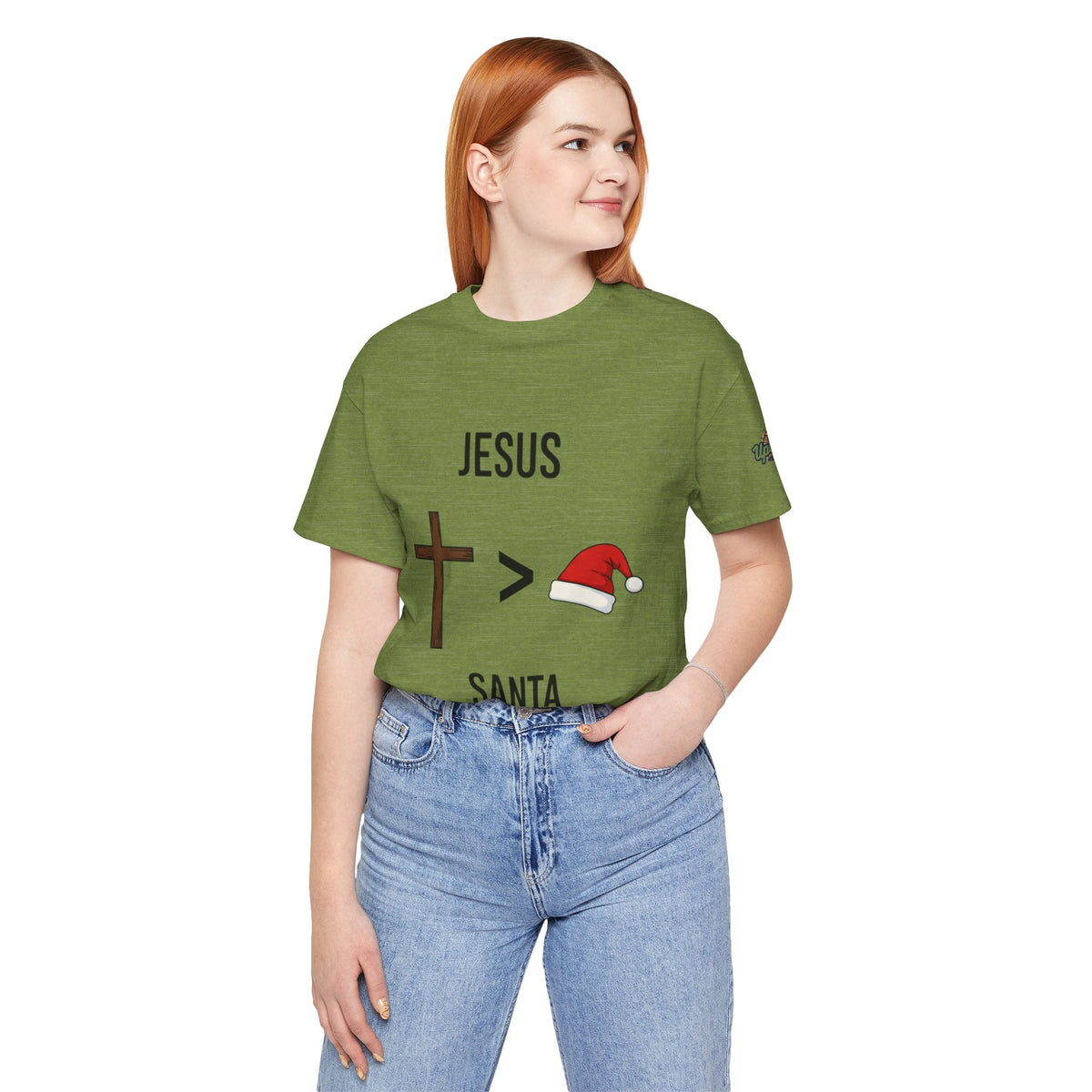 🎄 Jesus > Santa – Minimalist Christian Christmas T-Shirt | Bold Faith Over Holiday Tee | Cross vs Santa Hat Design | Uplifted Gear Printify