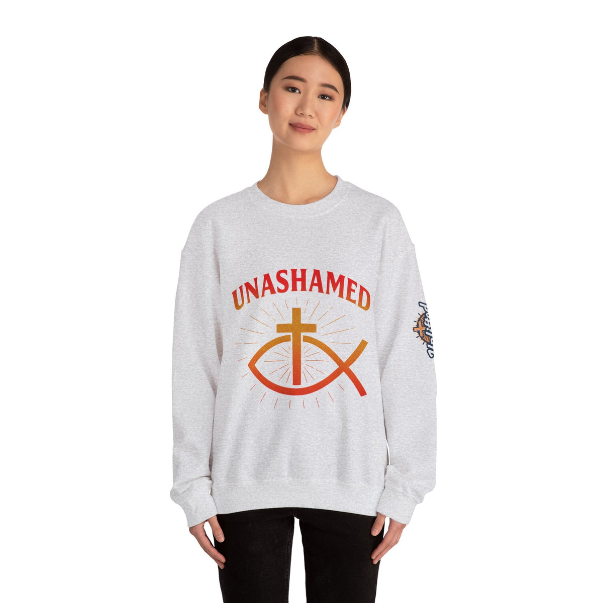Unashamed Sweatshirt – Ichthys Jesus Fish & Cross Christian Sweatshirt for Romans 1:16 Bold Faith Printify