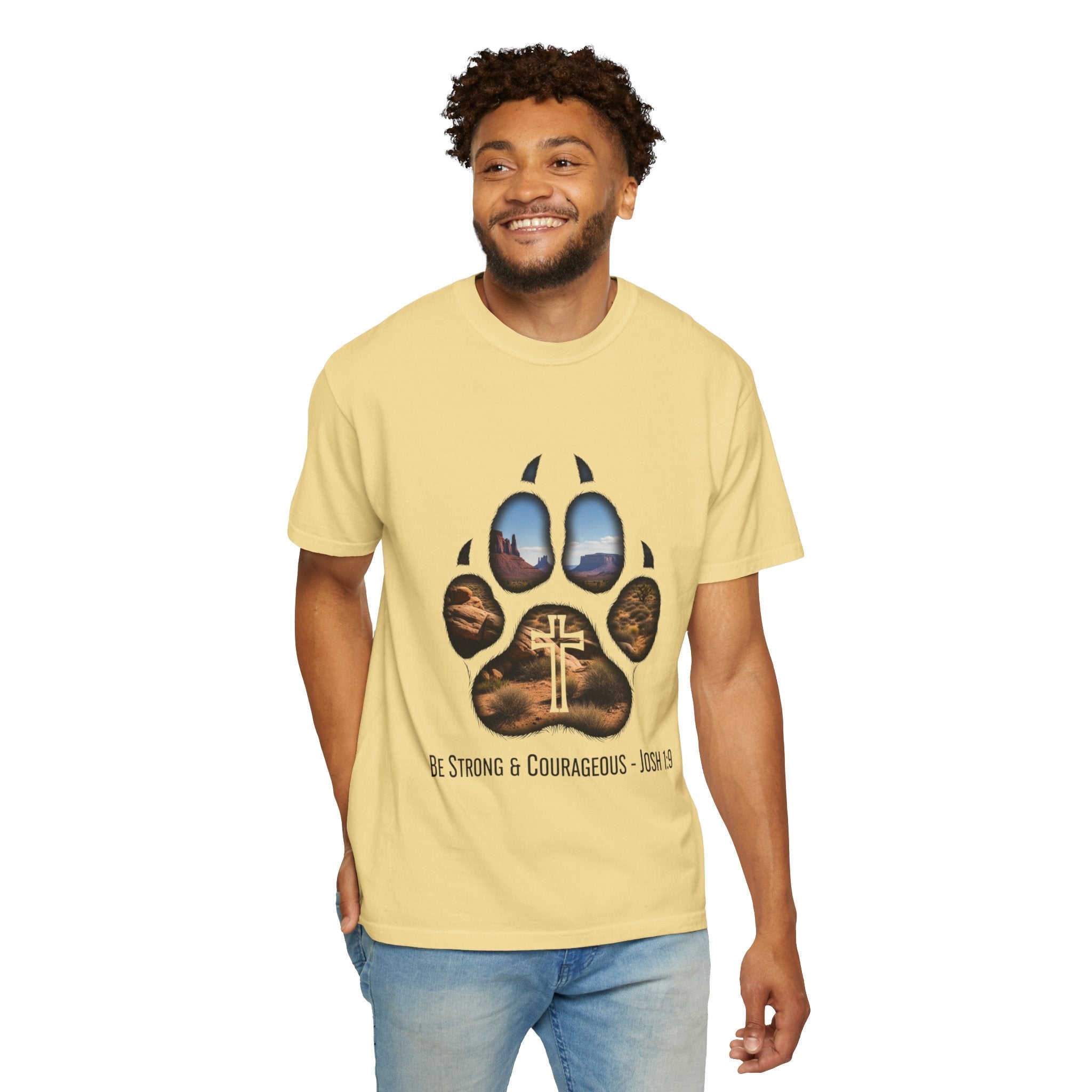Strong and Courageous T-Shirt – Canine Pawprint Desert Joshua 1:9 Christian Tee Printify