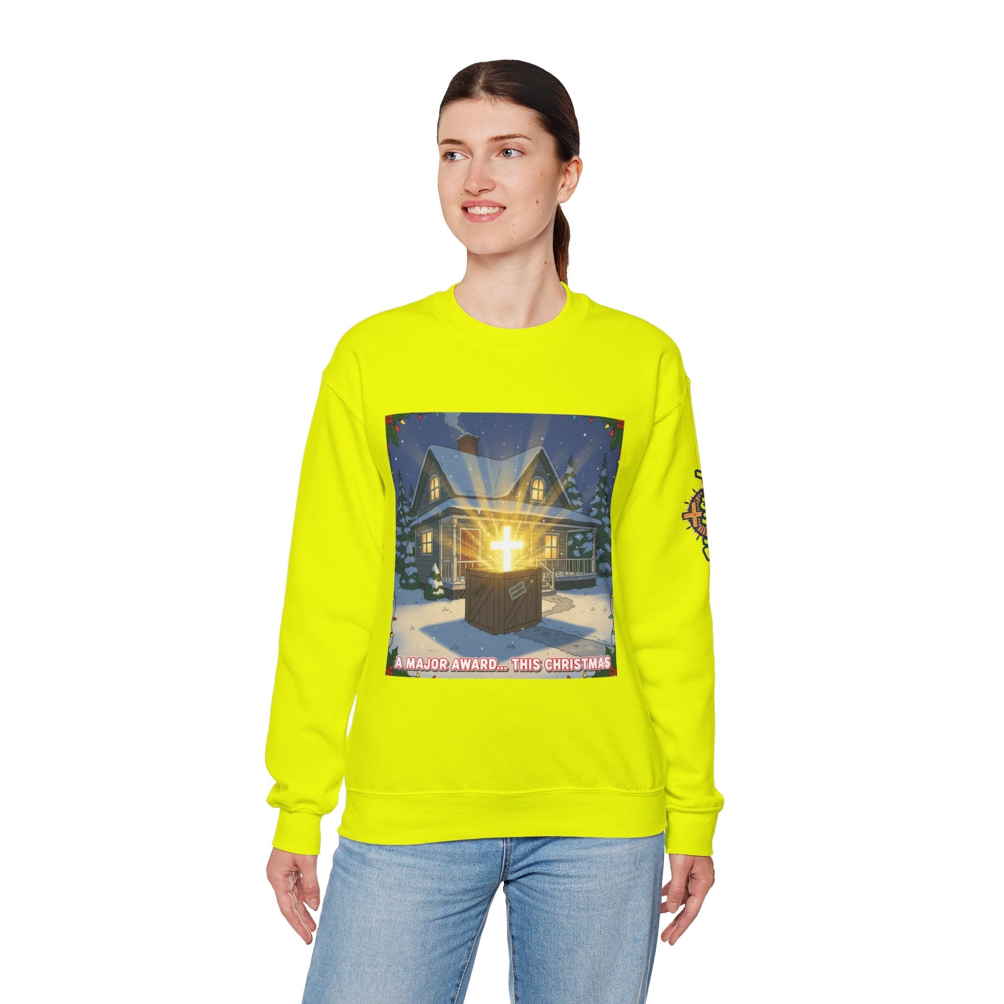 A Major Award This Christmas Sweatshirt – Fragile Leg Lamp Parody Cross Unboxing Christian Sweatshirt for Hilarious Faith & Holiday Glow Printify