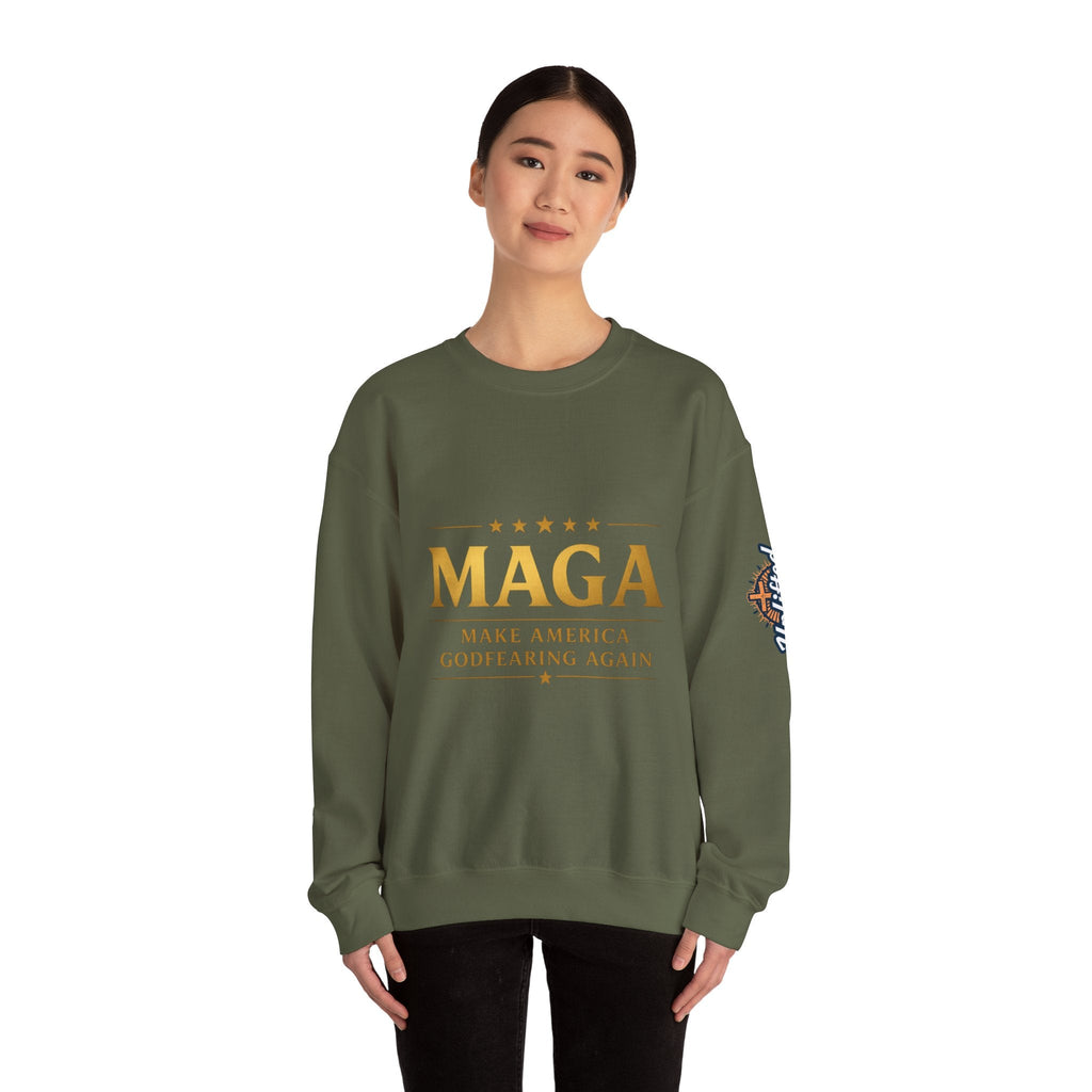 Sweatshirt — "MAGA Make America Godfearing Again" Gold Logo Crewneck Printify