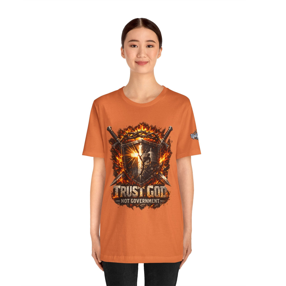 Trust God Not Government Shield Tee — Patriotic Christian Faith T-Shirt Printify