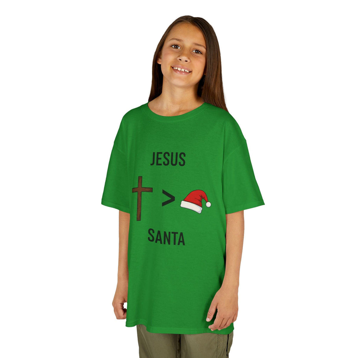 🎄 Jesus > Santa – Minimalist Christian Christmas Kids T-Shirt | Bold Faith Over Holiday Tee | Cross vs Santa Hat Design | Uplifted Gear Printify