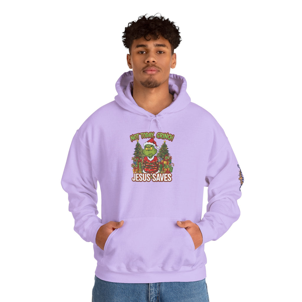 🎄 Not Today, Grinch – Jesus Saves | Funny Christian Christmas Hoodie | Sulking Grinch & Glowing Cross | Bold Neon Faith Tee by Uplifted Gear Printify