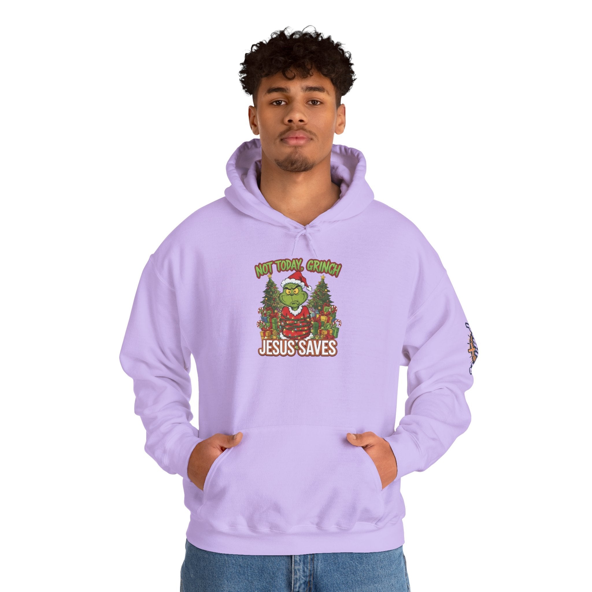 🎄 Not Today, Grinch – Jesus Saves | Funny Christian Christmas Hoodie | Sulking Grinch & Glowing Cross | Bold Neon Faith Tee by Uplifted Gear Printify