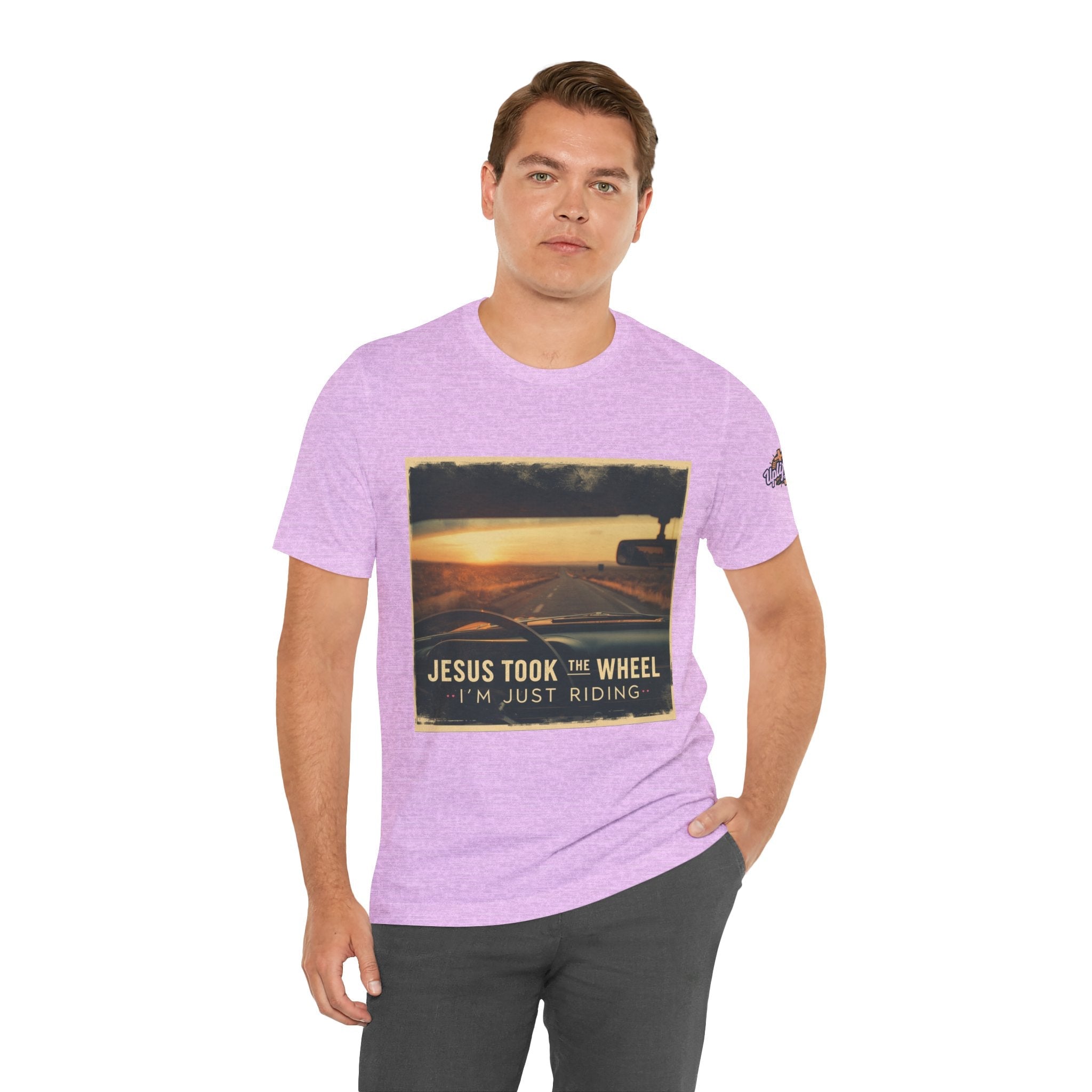 Jesus Took the Wheel I'm Just Riding T-shirt – Funny Christian Convertible Car T-shirt for Surrendered Faith & Humor Printify