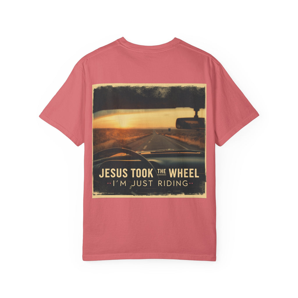Jesus Took the Wheel I'm Just Riding T-shirt – Funny Christian Convertible Car T-shirt for Surrendered Faith & Humor Printify
