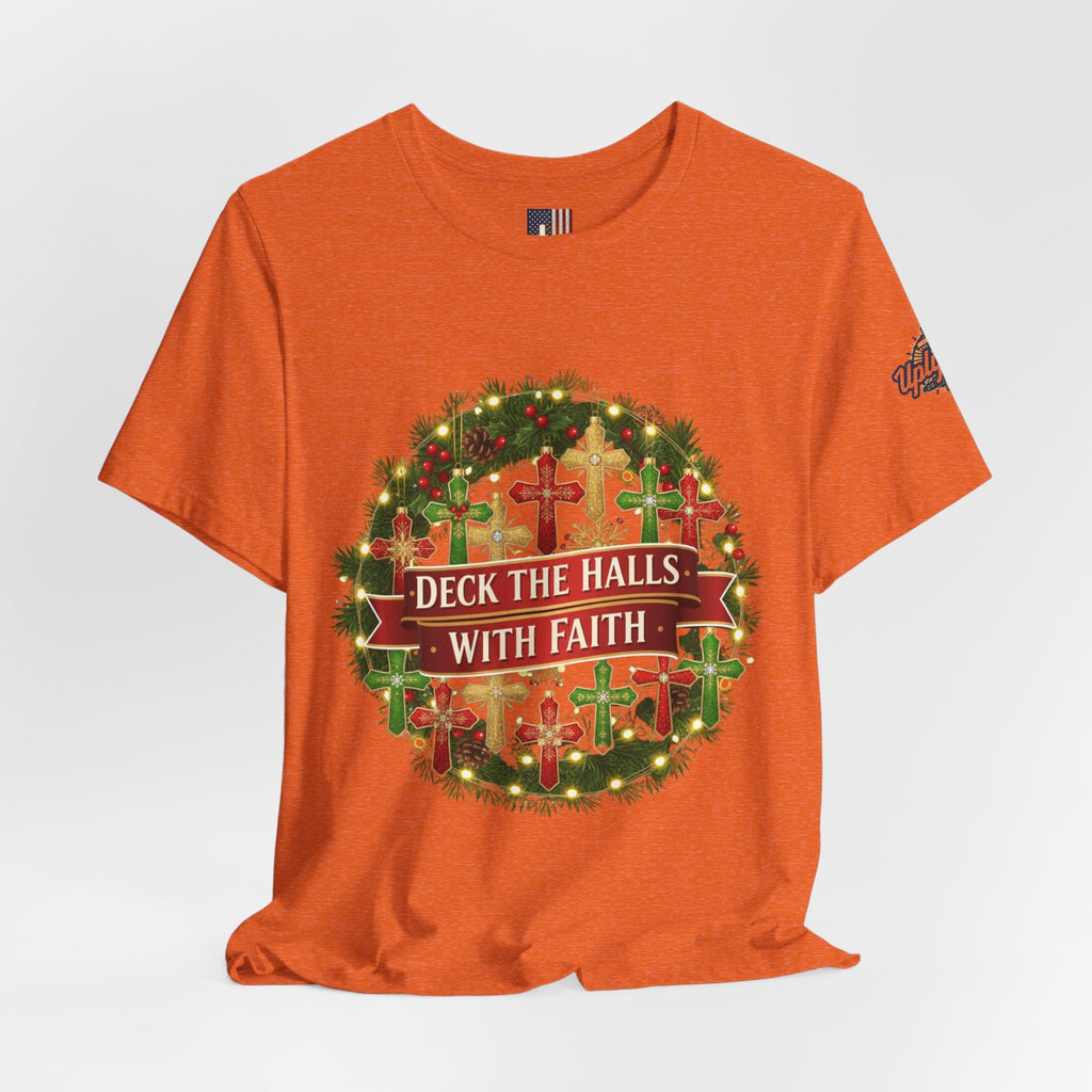 🎄 Deck the Halls with Faith – Christian Christmas T-Shirt | Cross Ornament Design & Festive Garland | Bold Holiday Faith Tee by Uplifted Gear Printify