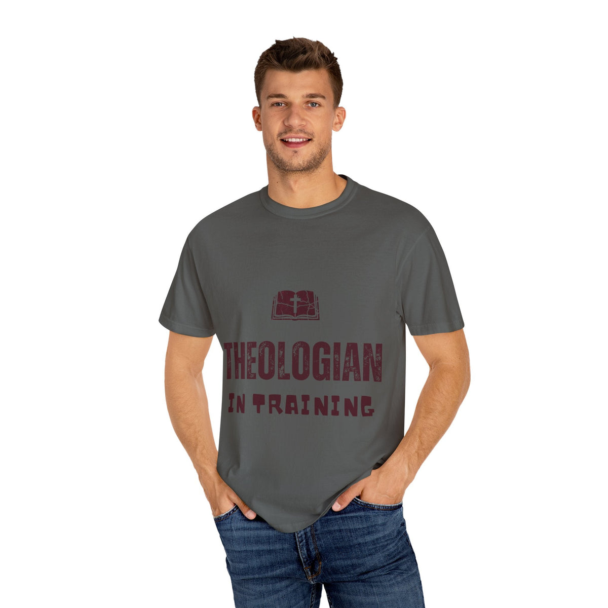 Theologian in Training T-Shirt – Open Bible & Cross Christian Tee for Faithful Learners Printify