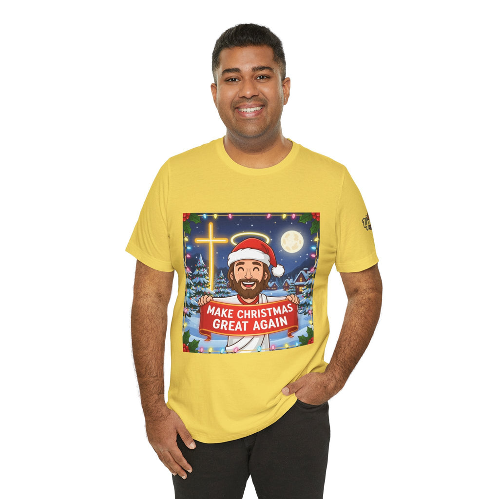 🎄 Make Christmas Great Again – Funny Christian T-Shirt | Jesus Holding Banner | Faith-Based Holiday Parody Tee | Uplifted Gear Printify