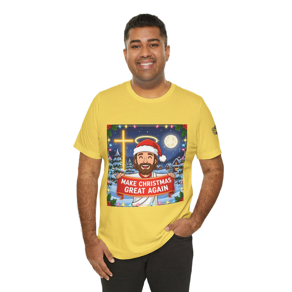 🎄 Make Christmas Great Again – Funny Christian T-Shirt | Jesus Holding Banner | Faith-Based Holiday Parody Tee | Uplifted Gear Printify