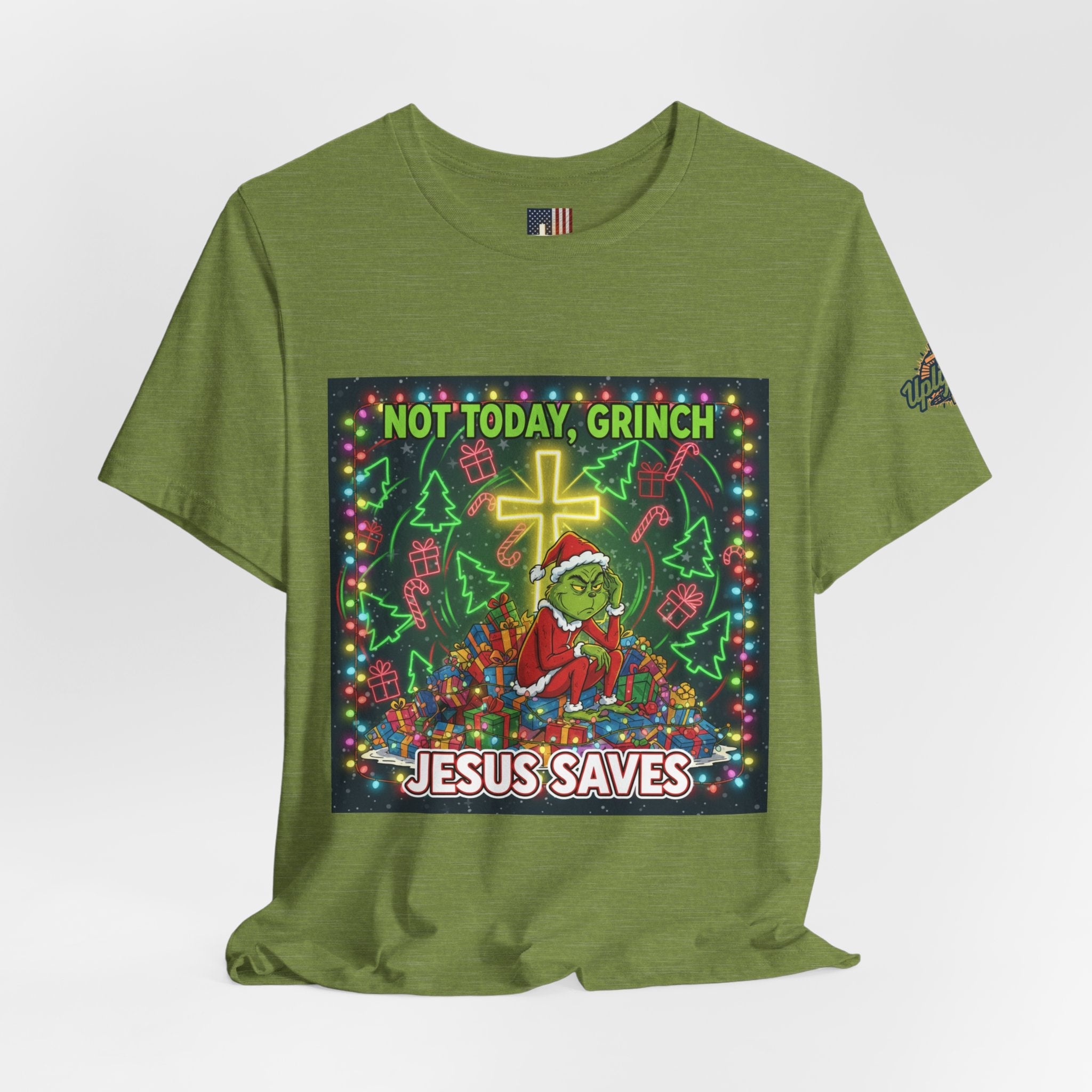 🎄 Not Today, Grinch – Jesus Saves | Funny Christian Christmas T-Shirt | Festive Green & Red Cartoon Style | Bold Faith Holiday Tee by Uplifted Gear Printify