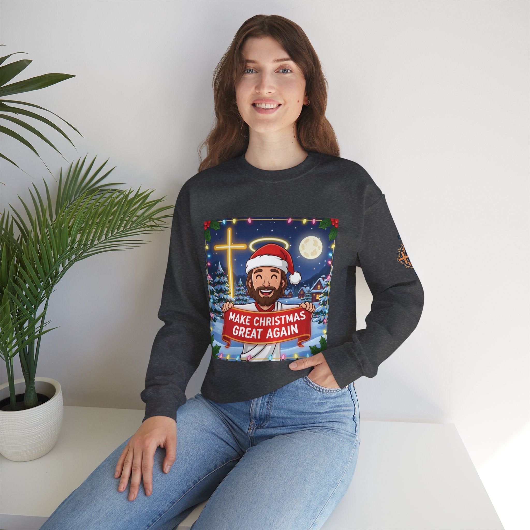 🎄 Make Christmas Great Again – Funny Christian Sweatshirt | Jesus Holding Banner | Faith-Based Holiday Parody Tee | Uplifted Gear Printify