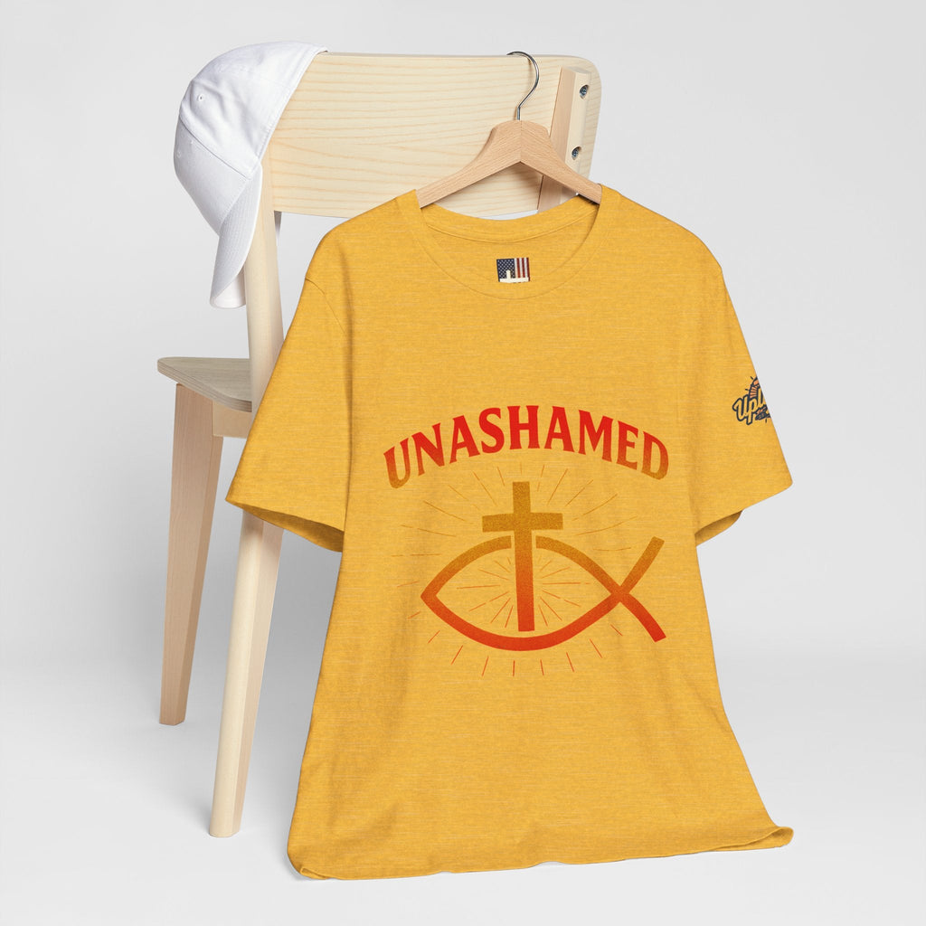 Unashamed T-shirt – Ichthys Jesus Fish & Cross Christian T-shirt for Romans 1:16 Bold Faith Printify