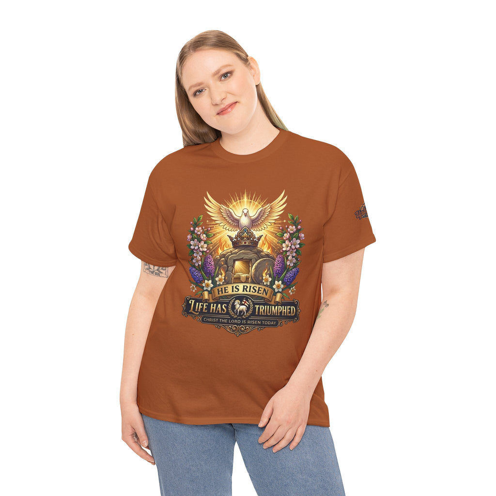 He Is Risen "Life Has Triumphed" T-Shirt — Easter Resurrection Christian Tee Printify