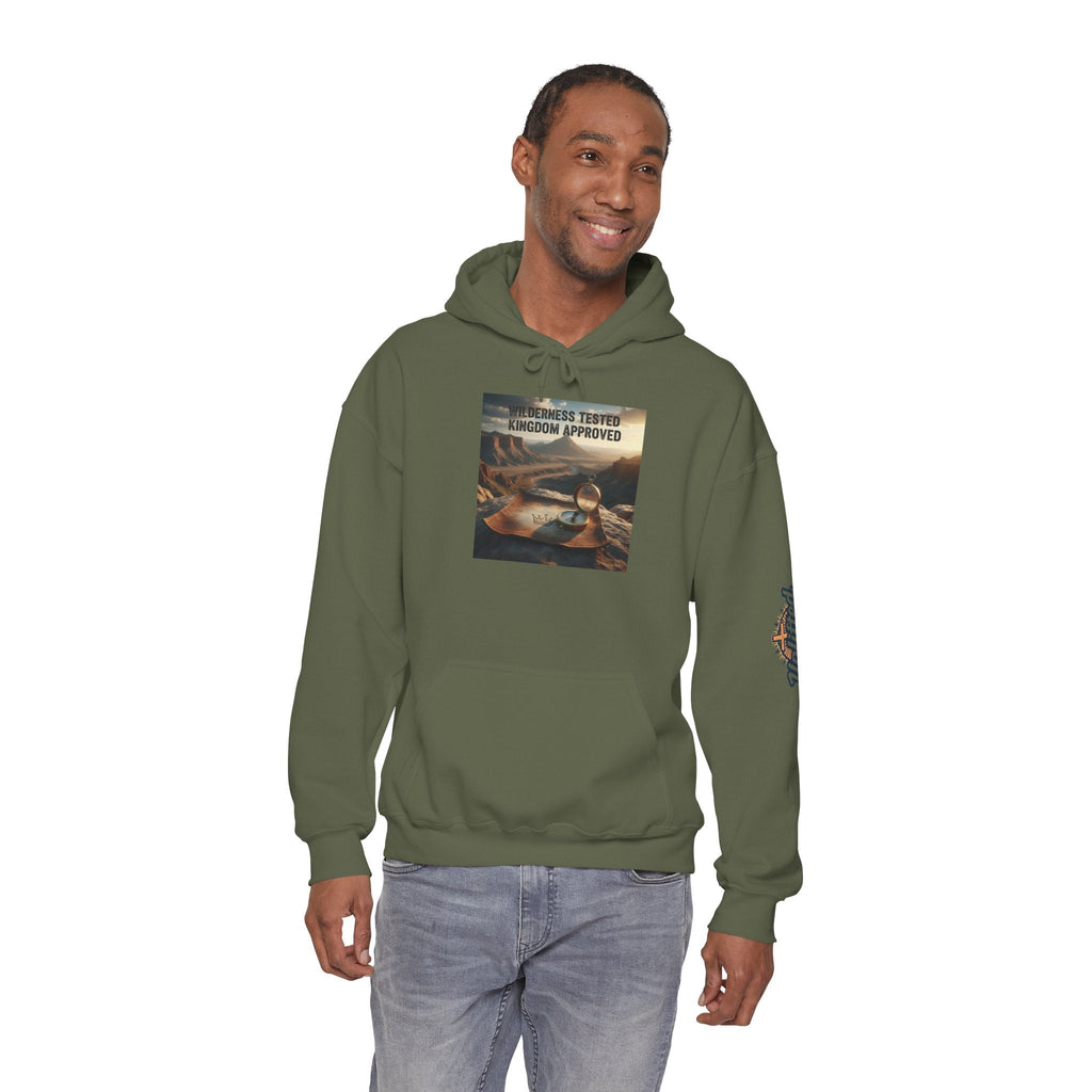 Wilderness Tested Kingdom Approved Hoodie – Mountain Desert Compass Crown Christian Sweatshirt for Biblical Adventure Faith Printify