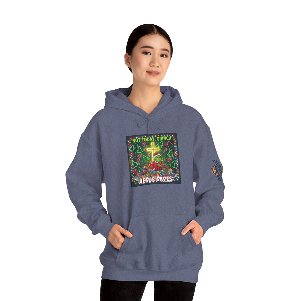 🎄 Not Today, Grinch – Jesus Saves | Funny Christian Christmas Hoodie | Festive Green & Red Cartoon Style | Bold Faith Holiday Tee by Uplifted Gear Printify