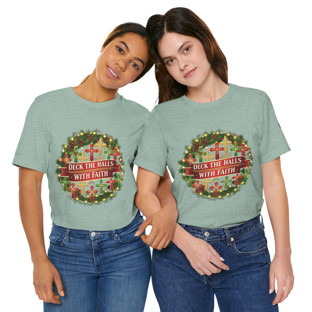 🎄 Deck the Halls with Faith – Christian Christmas T-Shirt | Cross Ornament Design & Festive Garland | Bold Holiday Faith Tee by Uplifted Gear Printify