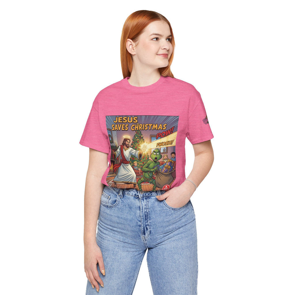 Jesus Saves Christmas T-shirt – Grinch vs Savior Light Battle Christian T-shirt for Hilarious Holiday Faith & True Joy Printify