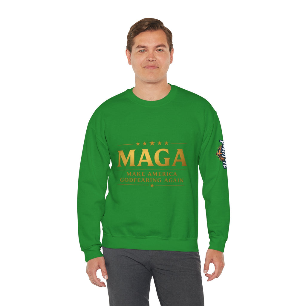 Sweatshirt — "MAGA Make America Godfearing Again" Gold Logo Crewneck Printify