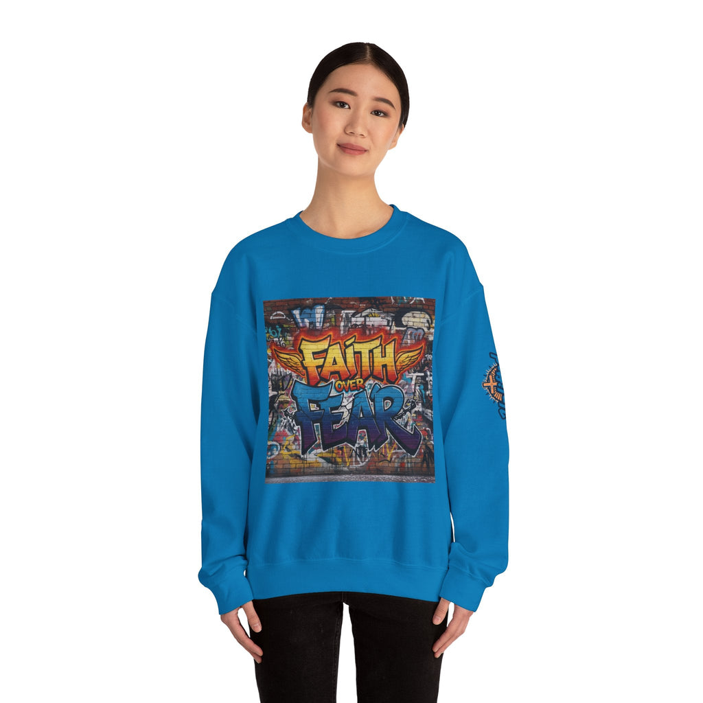 Faith Over Fear Sweatshirt – Graffiti Wall Christian Sweatshirt for Bold 2 Corinthians 5:7 Streetwear & Unshakable Faith Printify