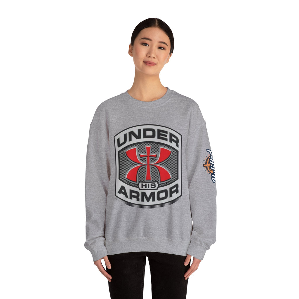 Under His Armor Crewneck Sweatshirt — Christian Faith Graphic Pullover Printify