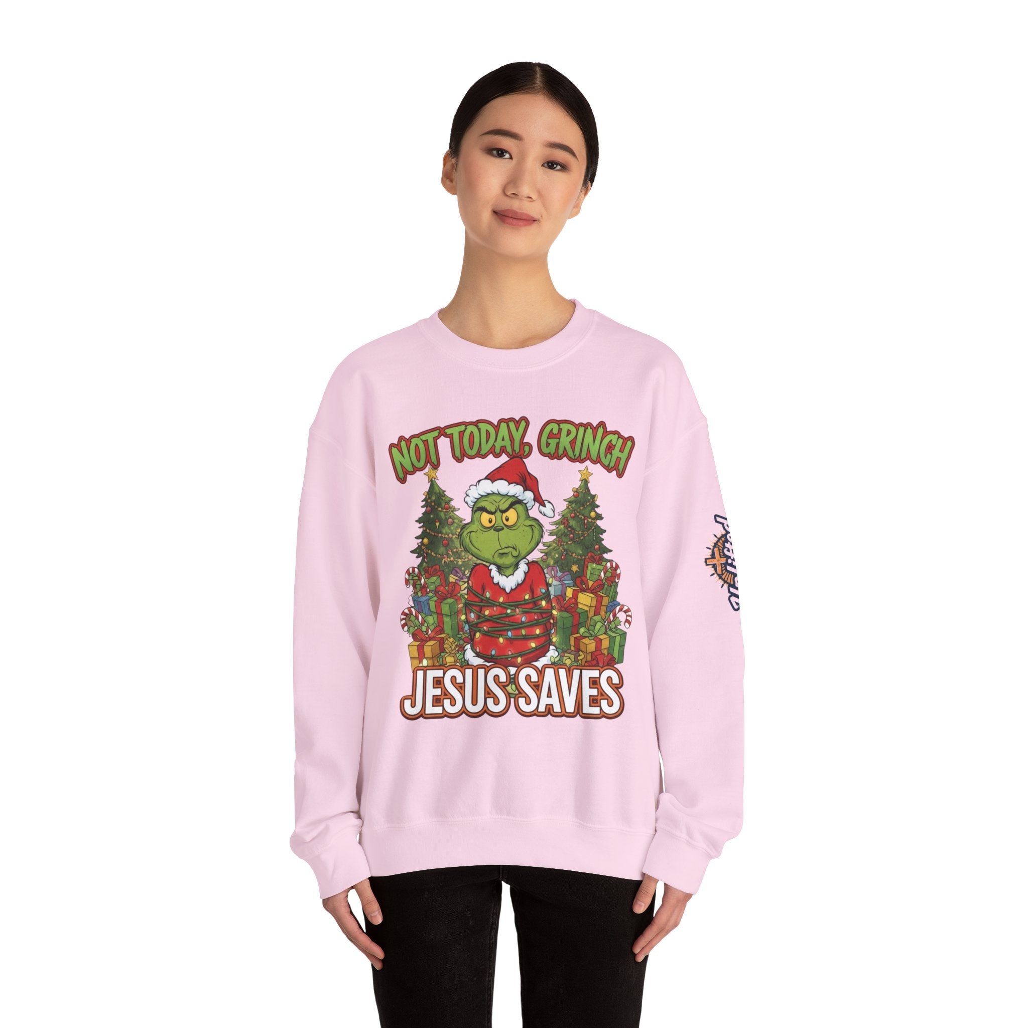 🎄 Not Today, Grinch – Jesus Saves | Funny Christian Christmas Sweatshirt | Sulking Grinch & Glowing Cross | Bold Neon Faith Tee by Uplifted Gear Printify