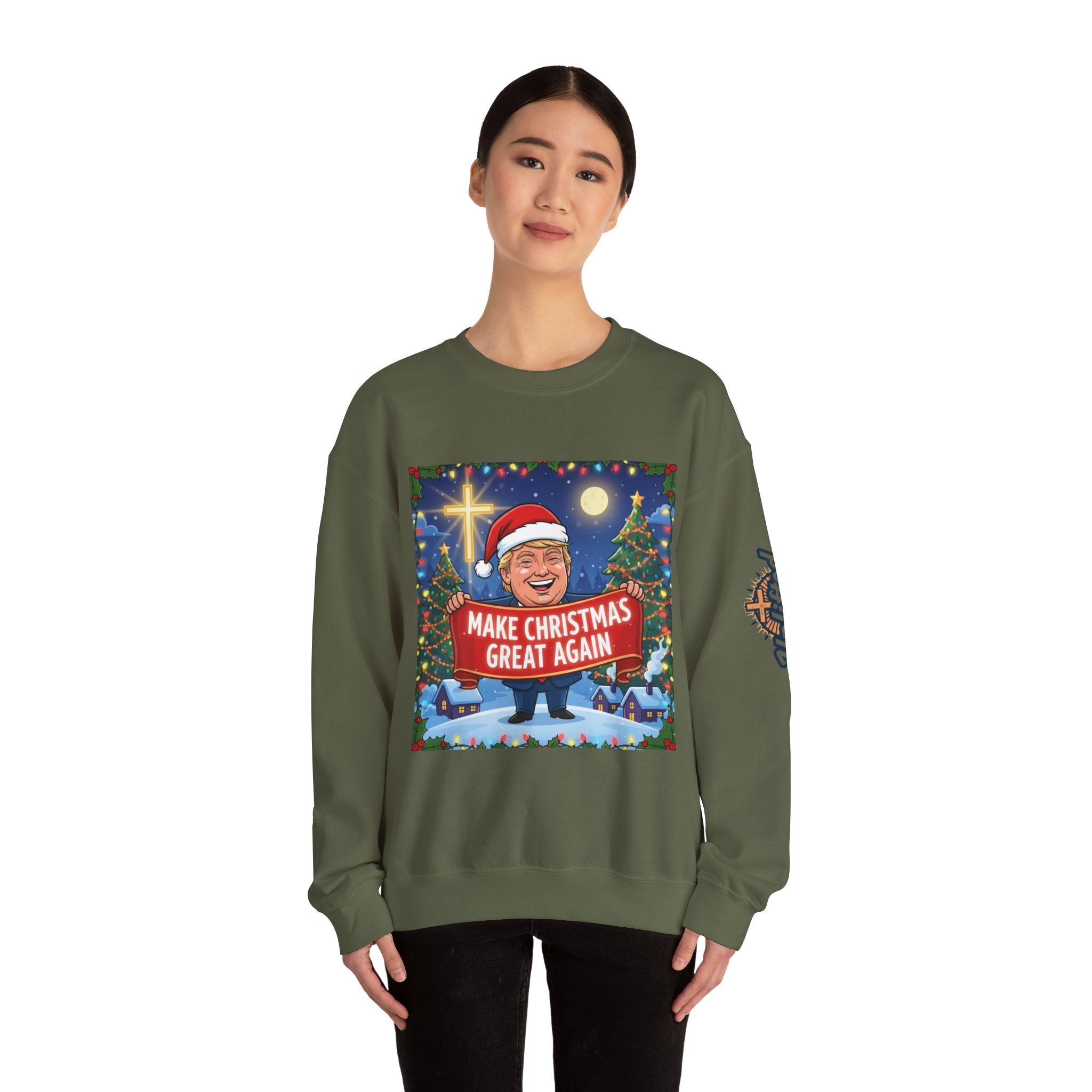 🎄 Make Christmas Great Again – Patriotic Christian Christmas Sweatshirt | Bold Holiday Faith Tee | Red & White Banner Design | Uplifted Gear Printify