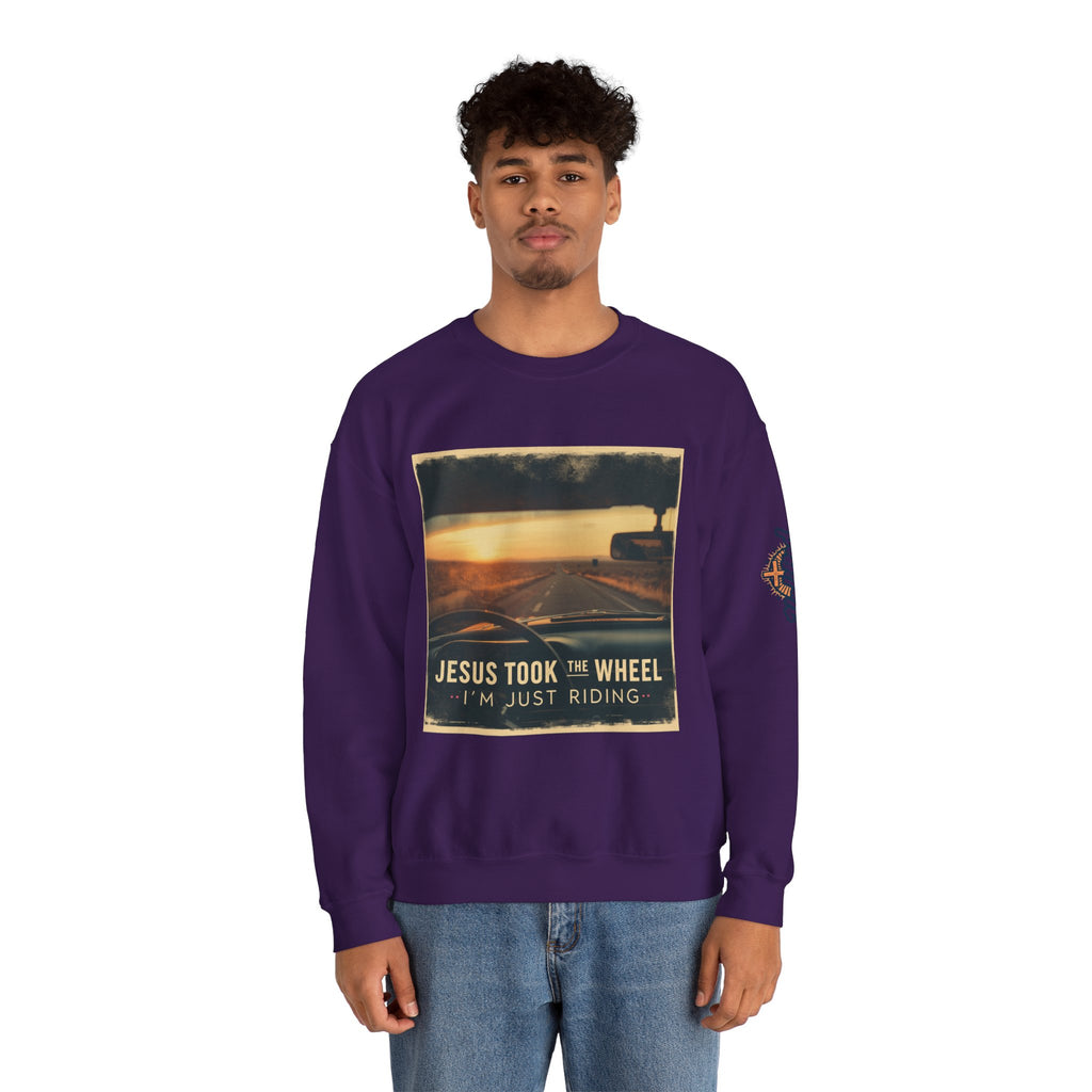 Jesus Took the Wheel I'm Just Riding Sweatshirt – Funny Christian Convertible Car Sweatshirt for Surrendered Faith & Humor