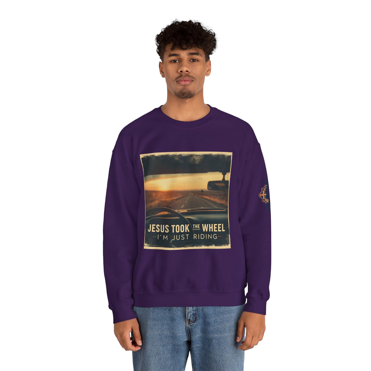 Jesus Took the Wheel I'm Just Riding Sweatshirt – Funny Christian Convertible Car Sweatshirt for Surrendered Faith & Humor