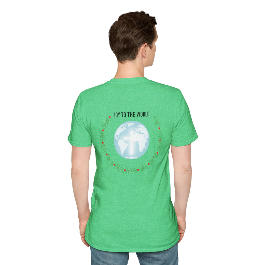 Joy to the World T-shirt – Wreath Earth Nativity Christian Christmas T-shirt for Isaiah 9:6 Holiday Faith & Festive Joy Printify