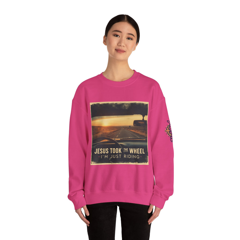 Jesus Took the Wheel I'm Just Riding Sweatshirt – Funny Christian Convertible Car Sweatshirt for Surrendered Faith & Humor