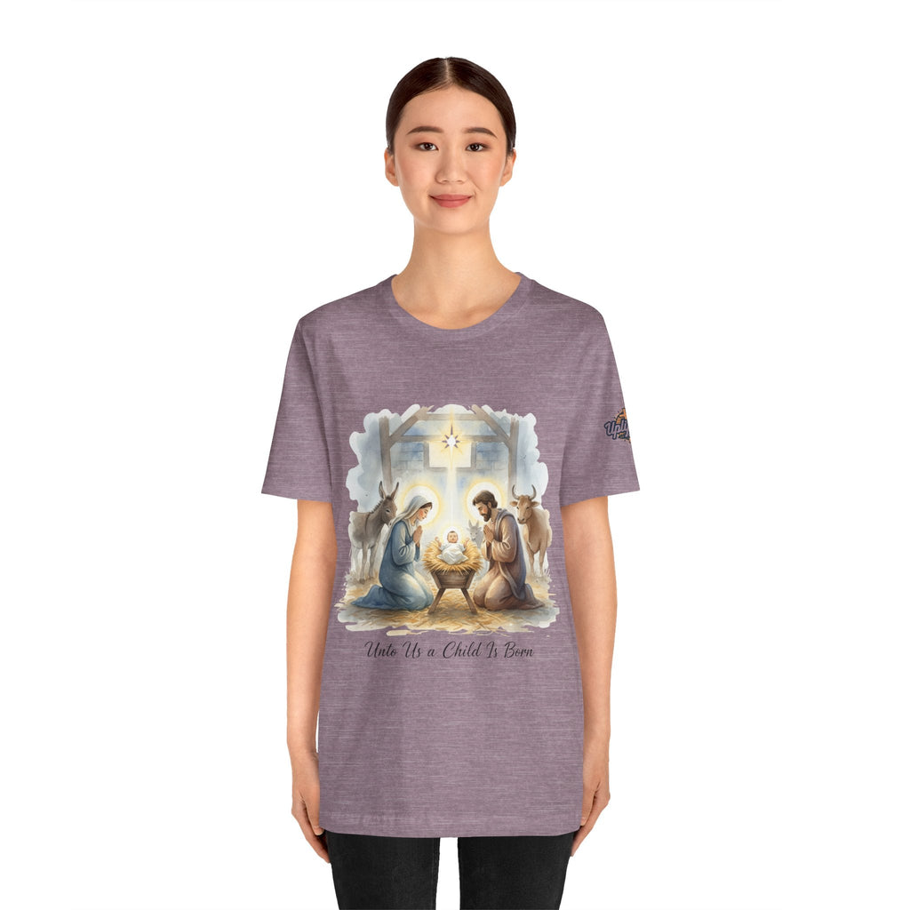 Unto Us a Child is Born T-shirt – Isaiah 9:6 Nativity Manger Scene Christian Christmas T-shirt for Holy Night Faith Printify