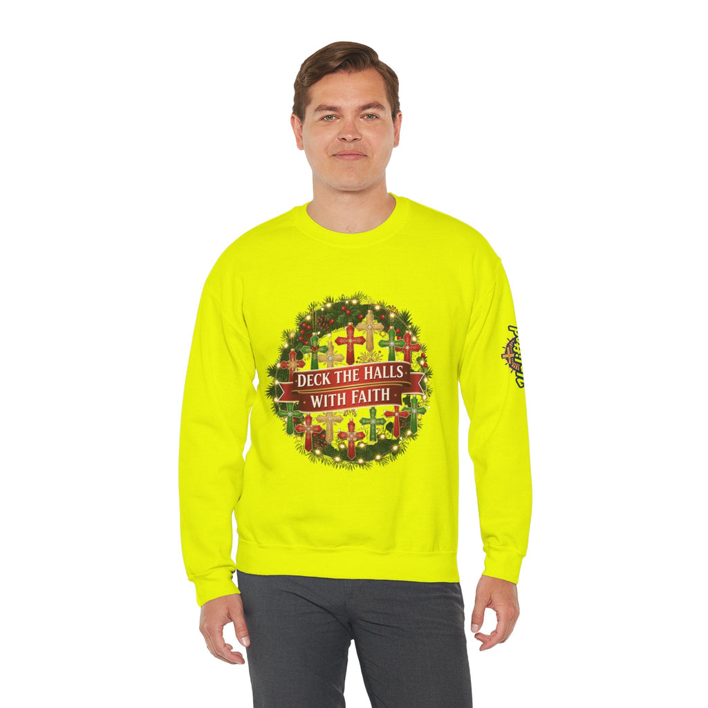 🎄 Deck the Halls with Faith – Christian Christmas Sweatshirt | Cross Ornament Design & Festive Garland | Bold Holiday Faith Tee by Uplifted Gear Printify