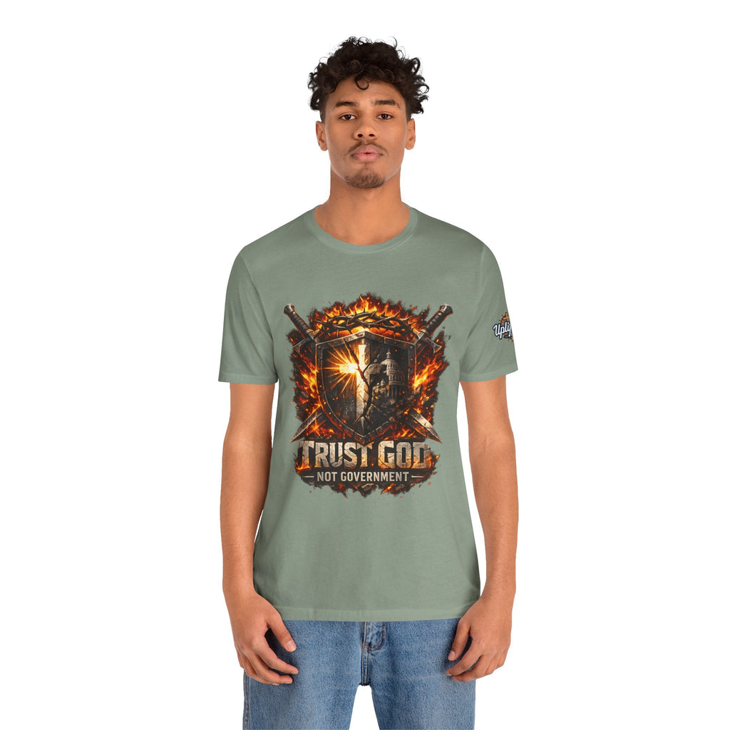 Trust God Not Government Shield Tee — Patriotic Christian Faith T-Shirt Printify