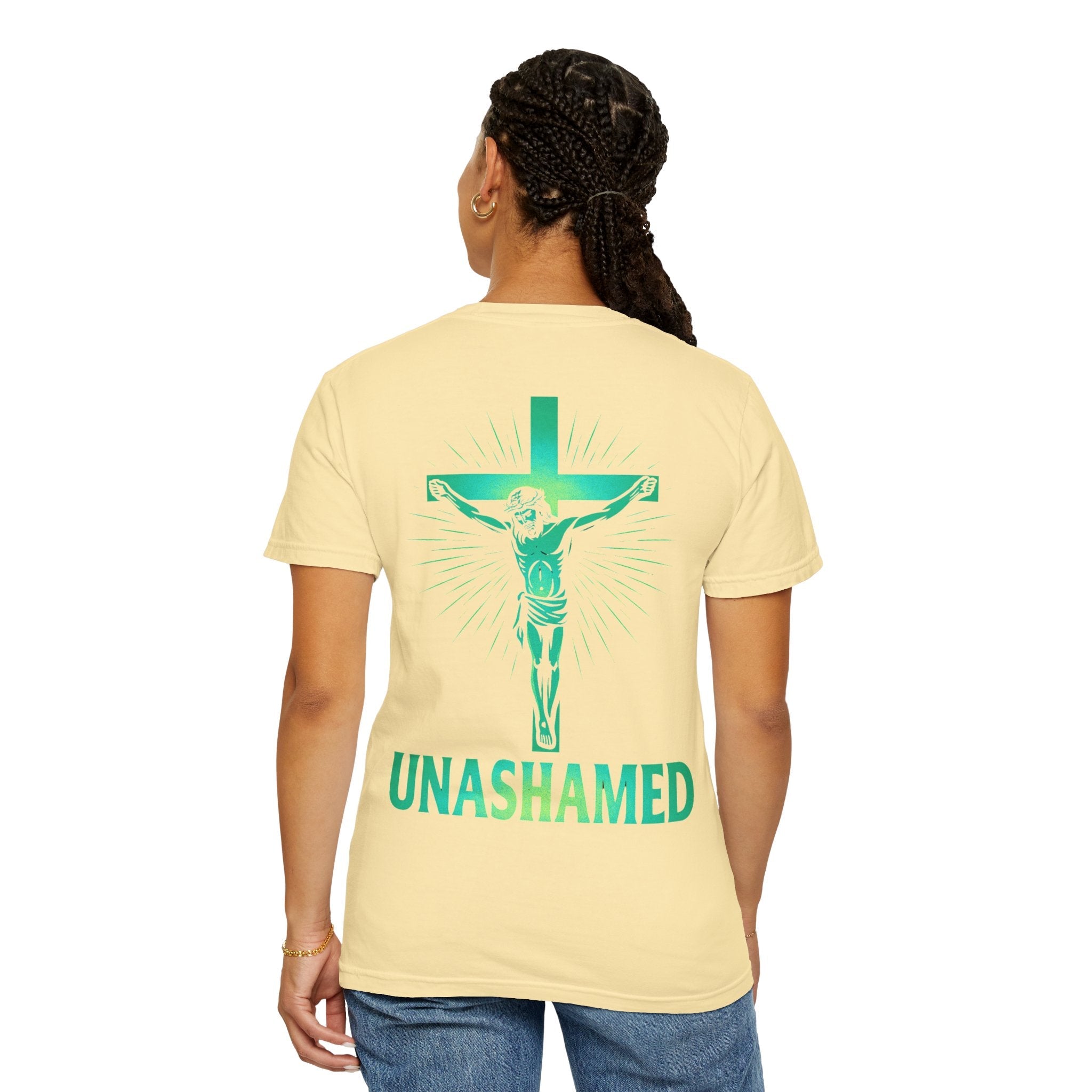 Unashamed T-shirt – Romans 1:16 Crucifixion Christian t-shirt for Bold Unwavering Faith Printify