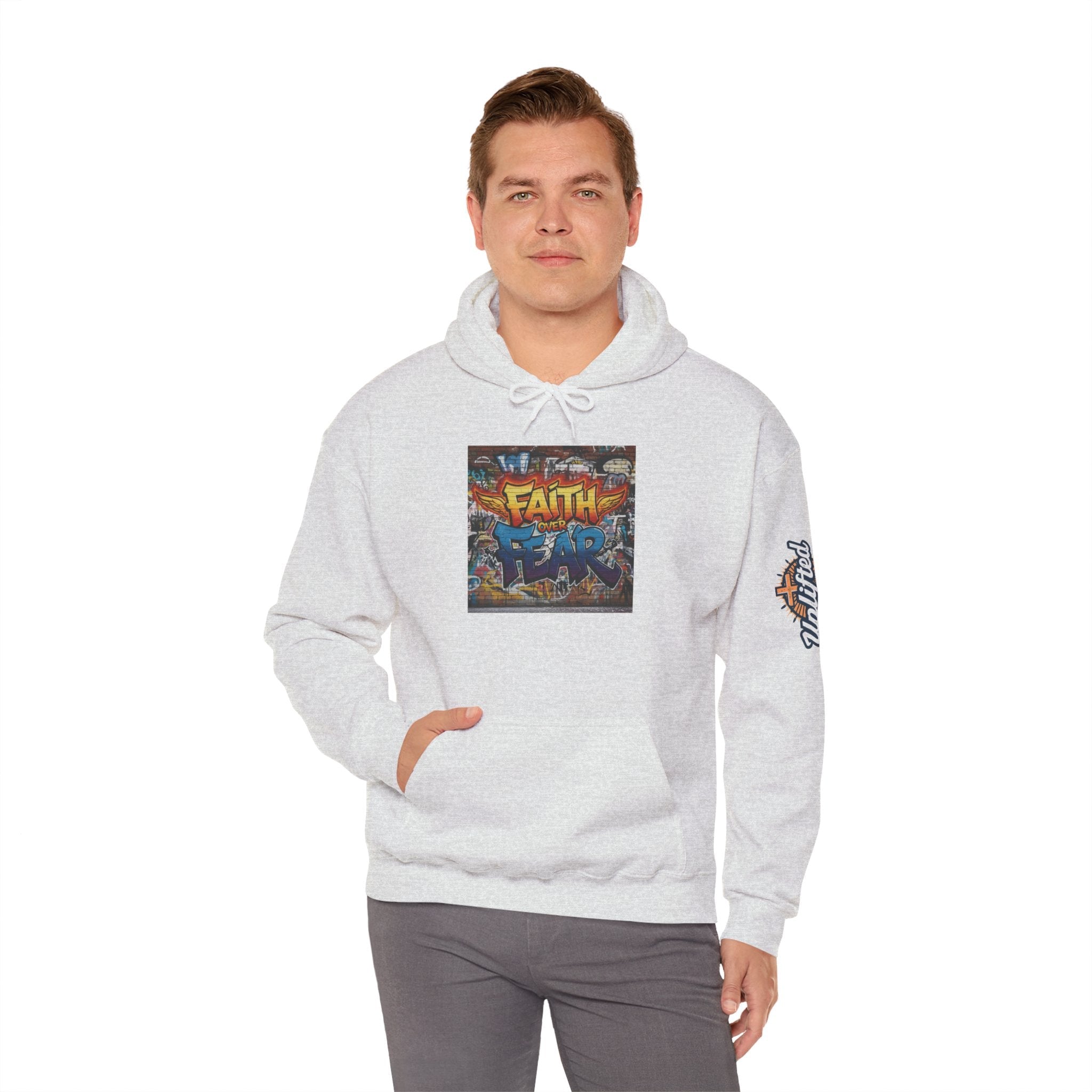 Faith Over Fear Hoodie – Graffiti Wall Christian Sweatshirt for Bold 2 Corinthians 5:7 Streetwear & Unshakable Faith Printify